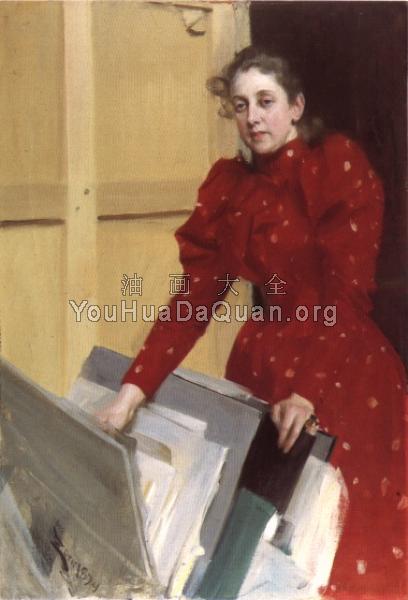 Portrait of Emma Zorn in the Paris studio - 安德斯·左恩
